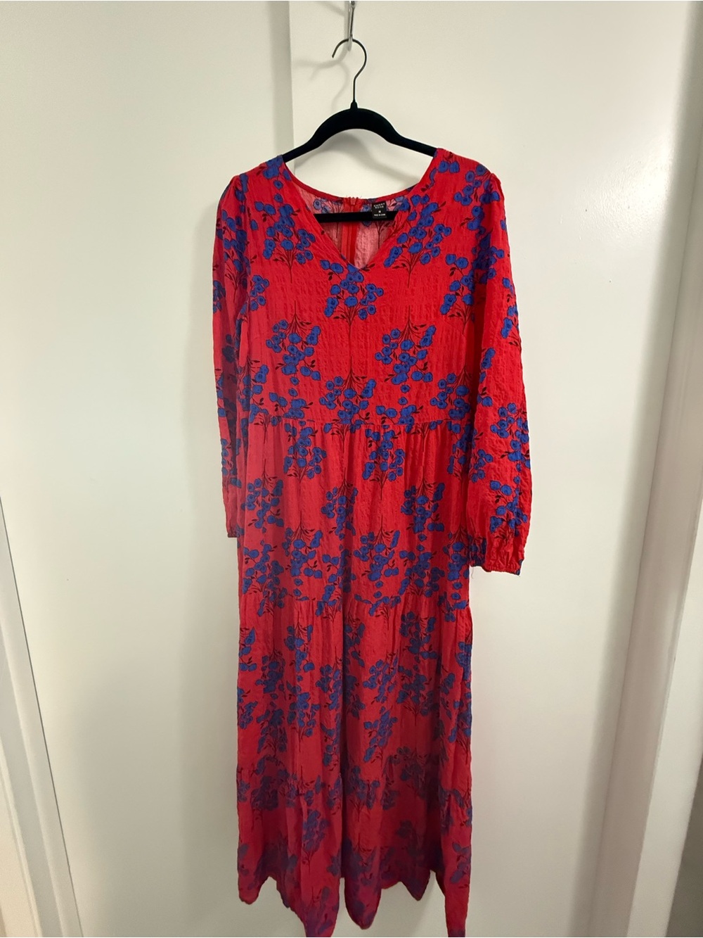 Red Maxi Dress with Blue Floral Pattern, Long Sleeve V-Neck